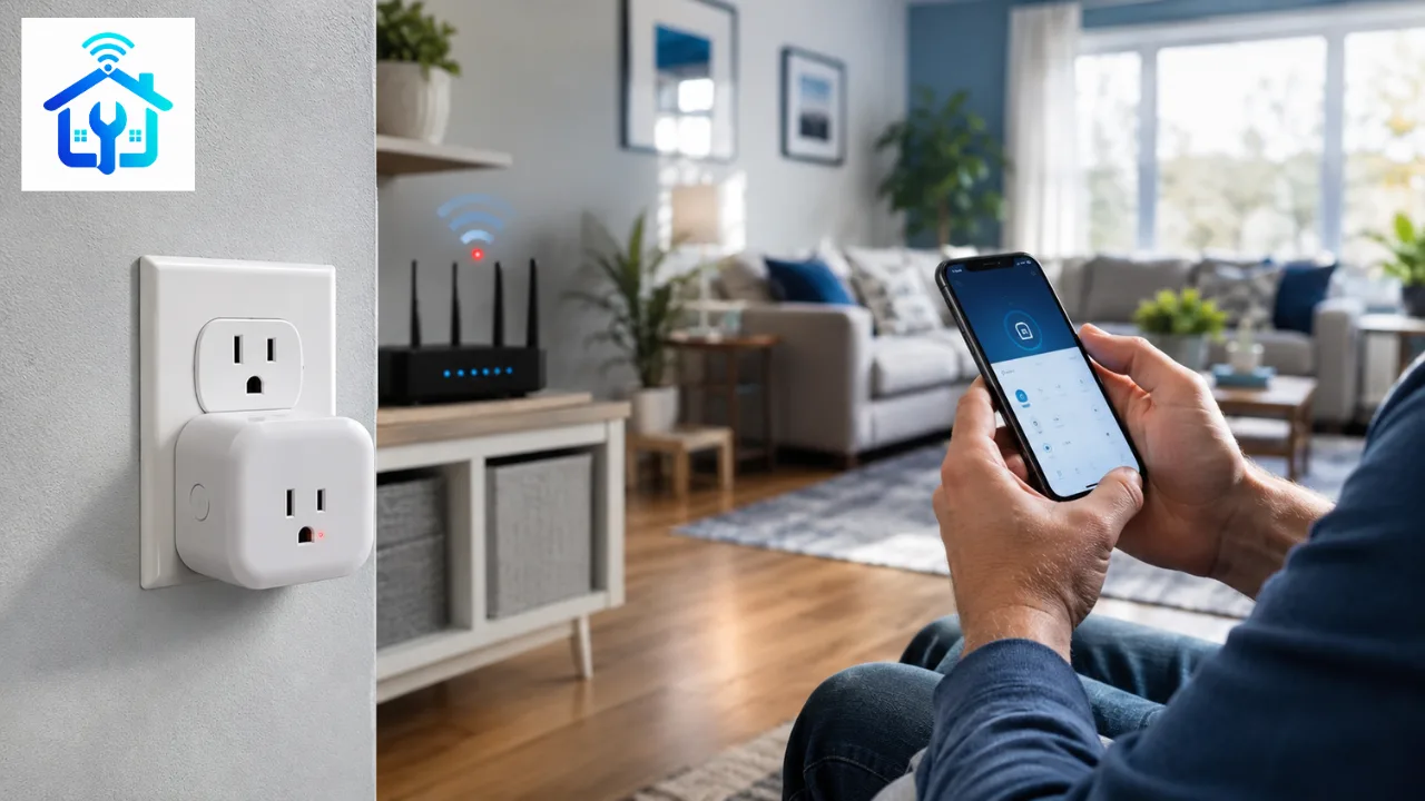 Homeowner troubleshooting a smart plug that won't connect to Wi-Fi in a modern home.
